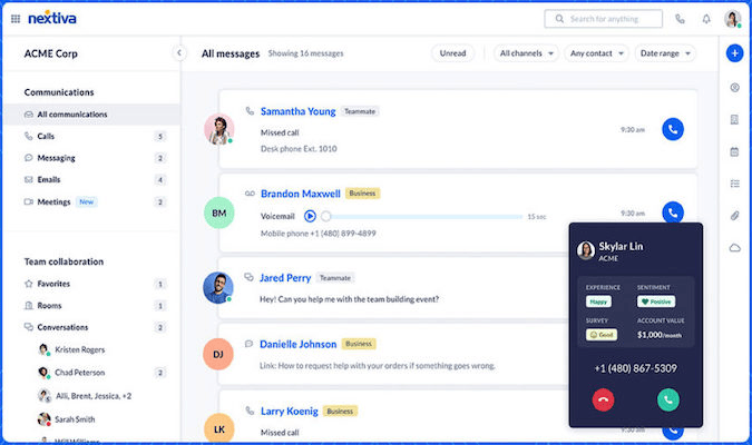Nextiva interface with a record of all messages shown.