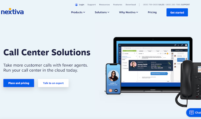 Nextiva call center solutions landing page with a button for plans and pricing and a button to talk to an expert.