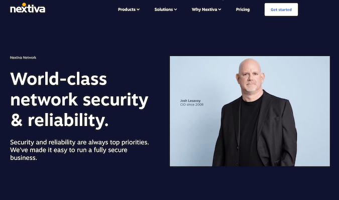 Nextiva landing page for their network security and reliability information.