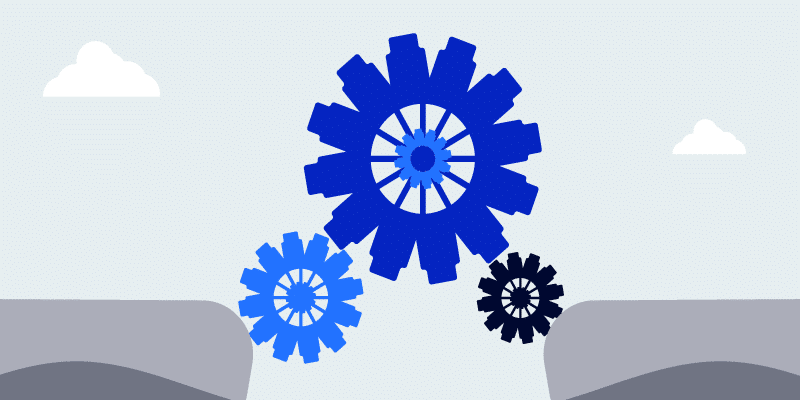 Illustration of multiple blue gears acting as a bridge.