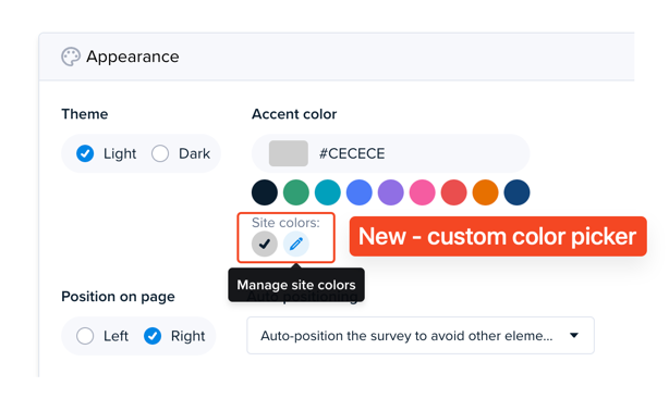 Screenshot of Crazy Egg update, showing ability to set Custom Site Colors and save them for later use.