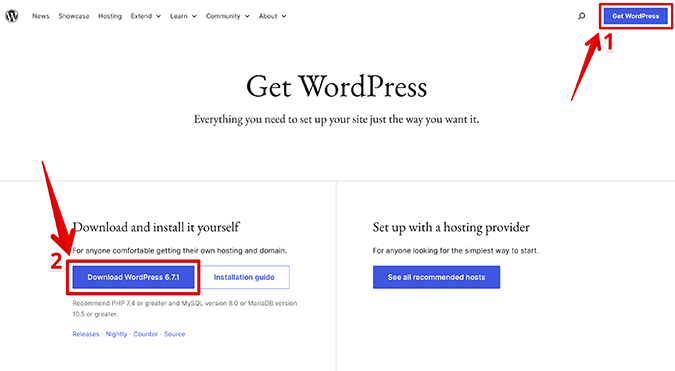 Install WordPress screen with arrow pointing to download button.