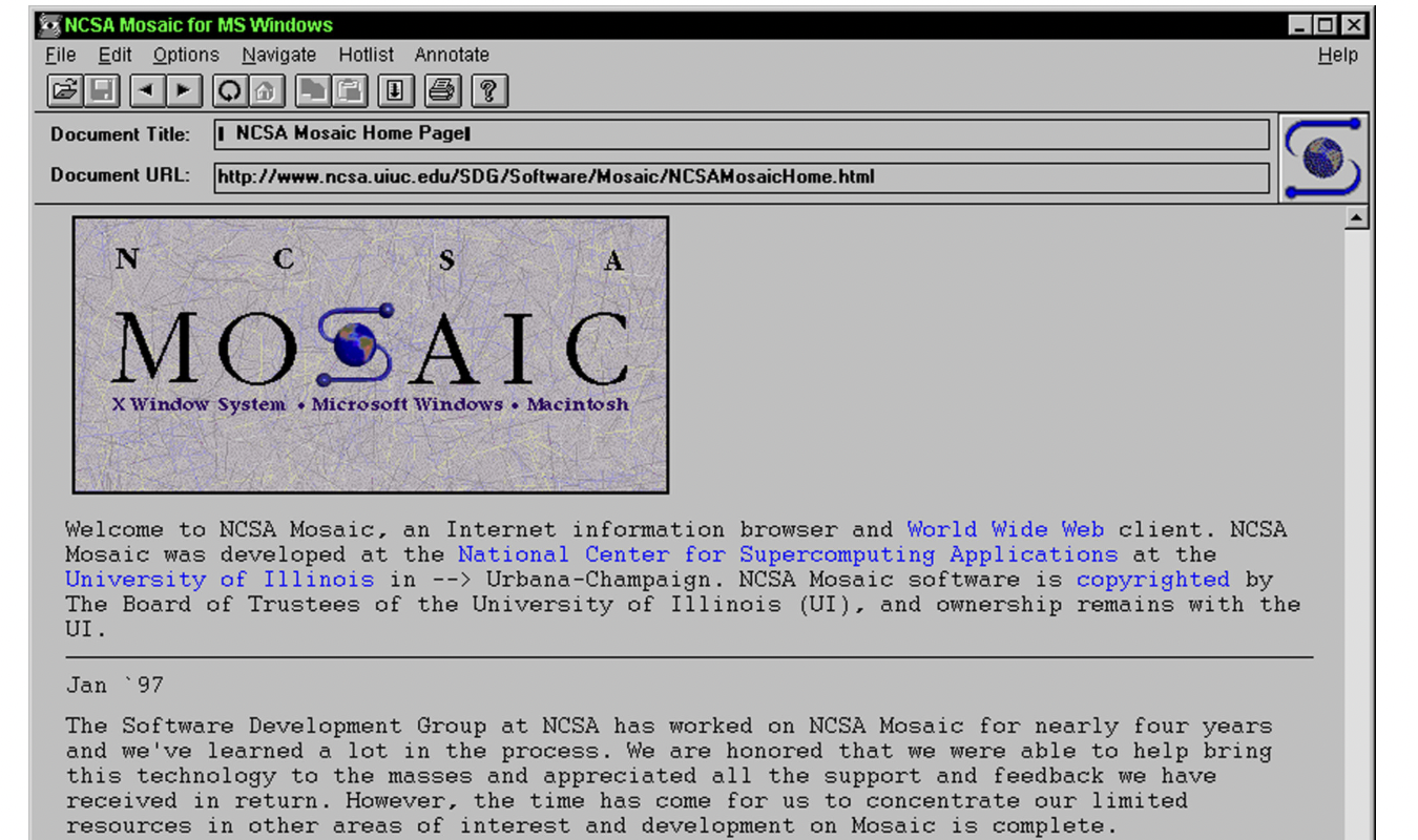 Mosaic web browser with grey background and blue links standing out.