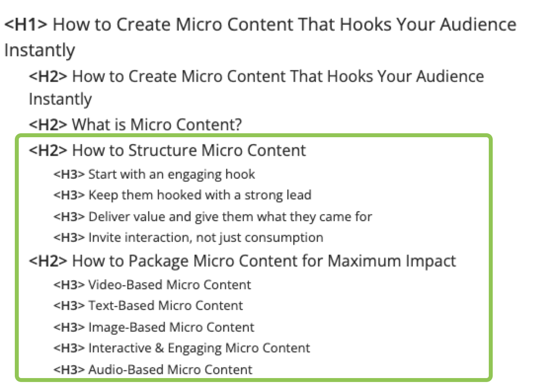 Heading structure example from a blog post for how to create micro content.