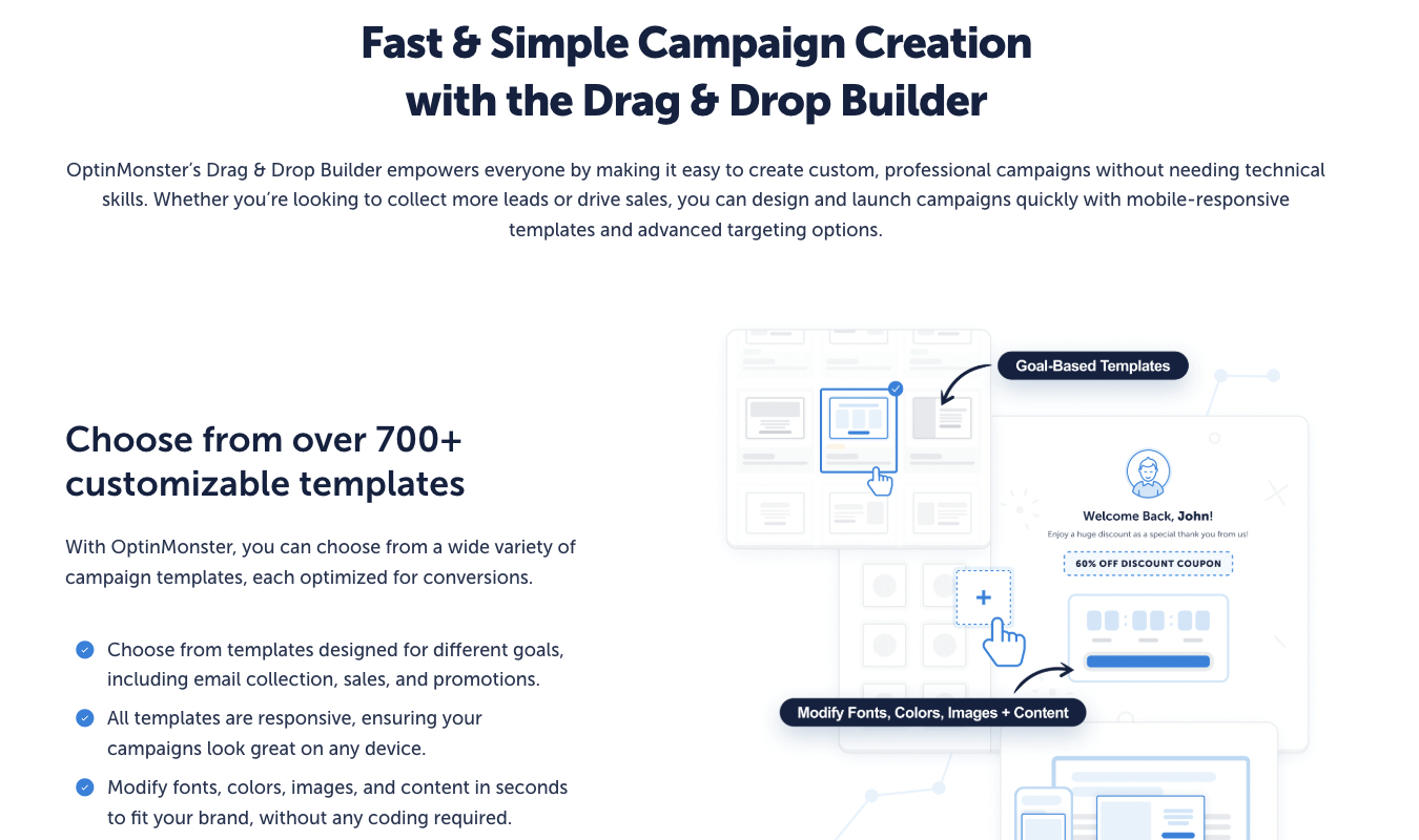 OptinMonster drag and drop builder informational page.